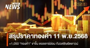 สรุปราคาทองคำ 11 พ.ย.2568 “ทองคำ”ขาขึ้นดอลลาร์อ่อนกังวลพิษชัตดาวน์
